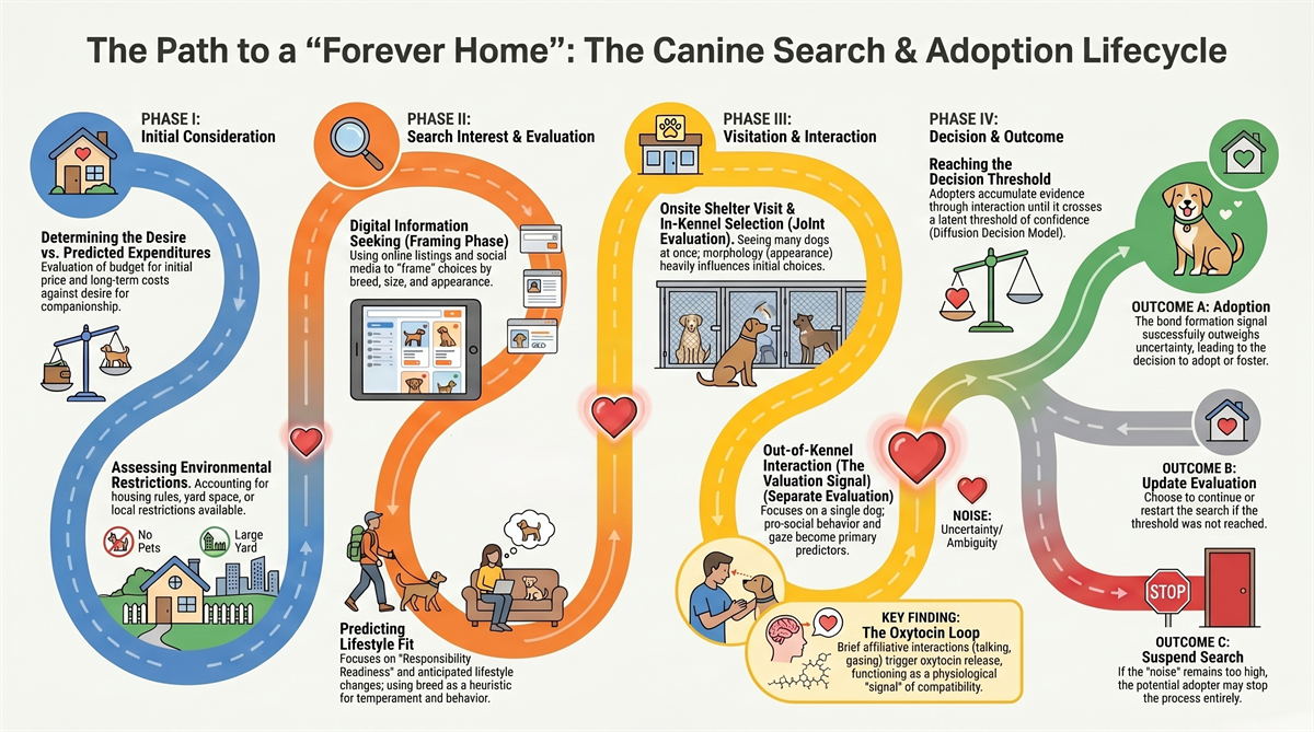 This graphic depicts that pathway from initial commitment and consideration to adopt to the final decision outcomes.